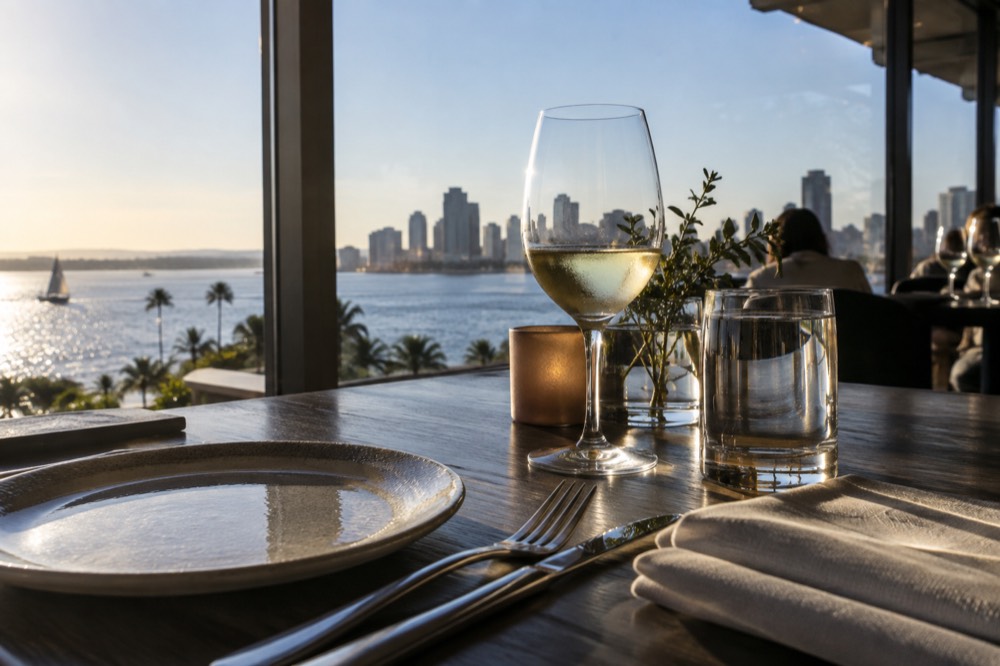 An upscale restaurant table set for dinner beside a window facing the ocean