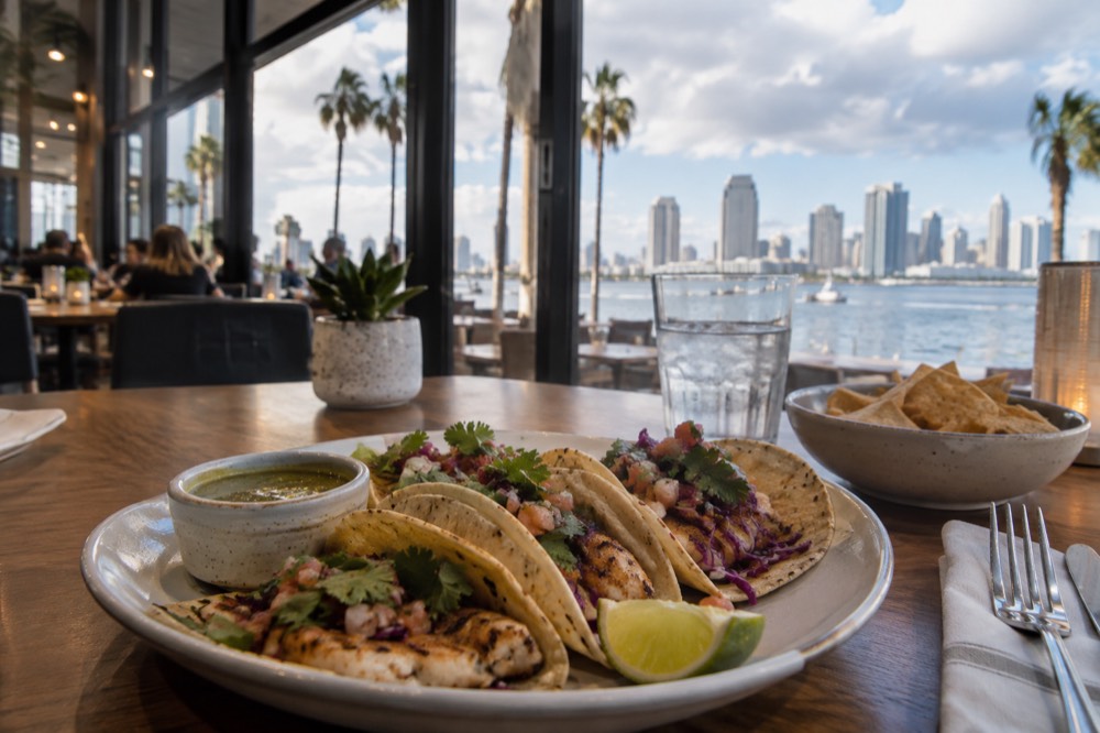 A bright restaurant interior with a table set for dinner and a plate of tacos