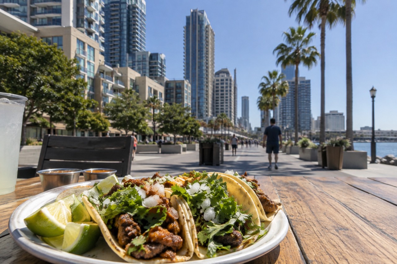 A plate of street tacos with lime wedges and cilantro on an outdoor table