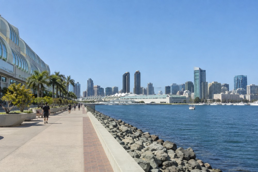 Downtown San Diego skyline above the convention center waterfront on a clear morning