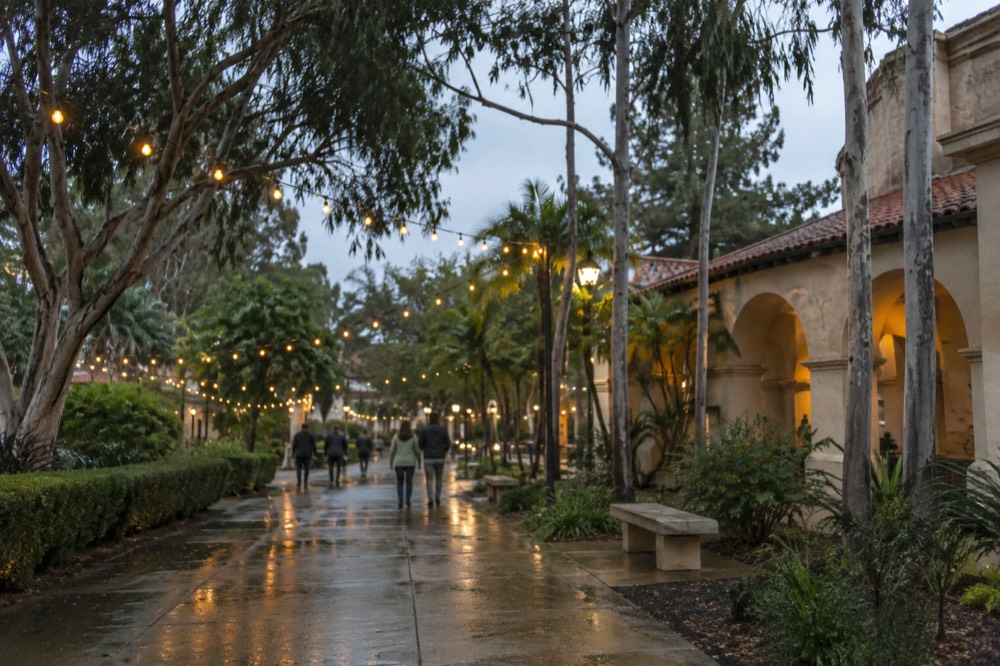 Festive lights strung through the trees and colonnades of Balboa Park at dusk