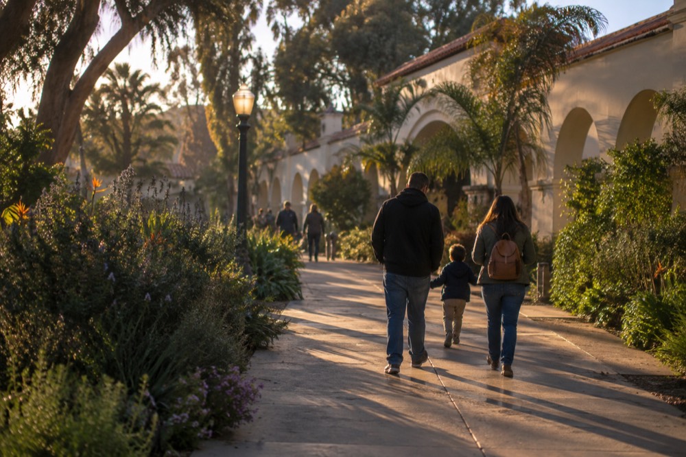 A family walking along a lit garden path with Spanish-style arches in the background
