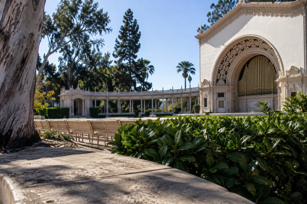 Outdoor pipe organ pavilion with garden arcade in Balboa Park
