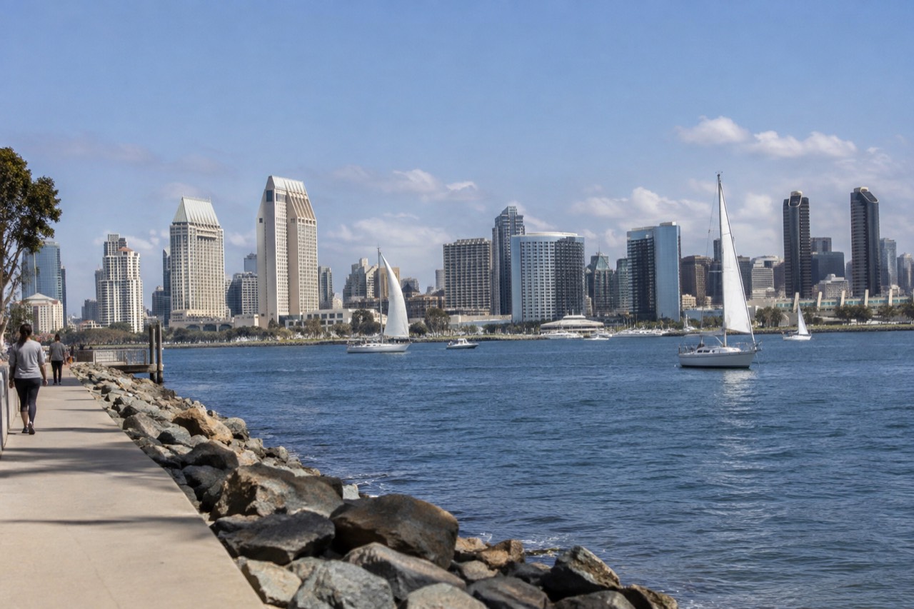 View over San Diego waterfront with sailboats on the bay and city skyline behind