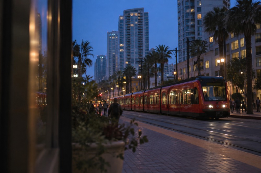 A red San Diego Trolley car traveling along downtown tracks under a clear sky