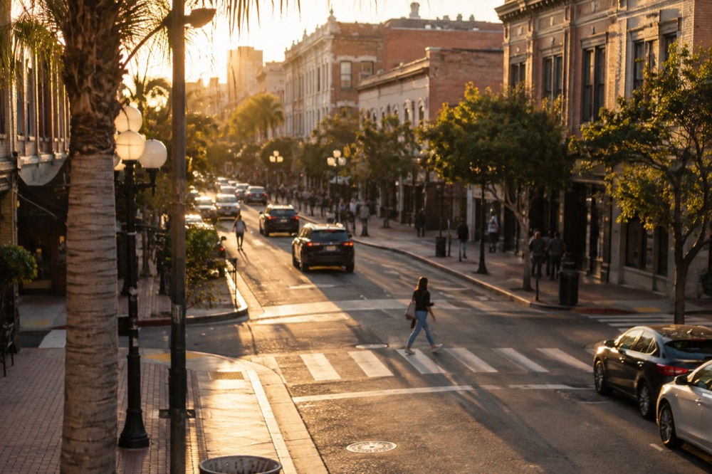 A pedestrian crossing a downtown San Diego street with the Gaslamp Quarter sign in the background