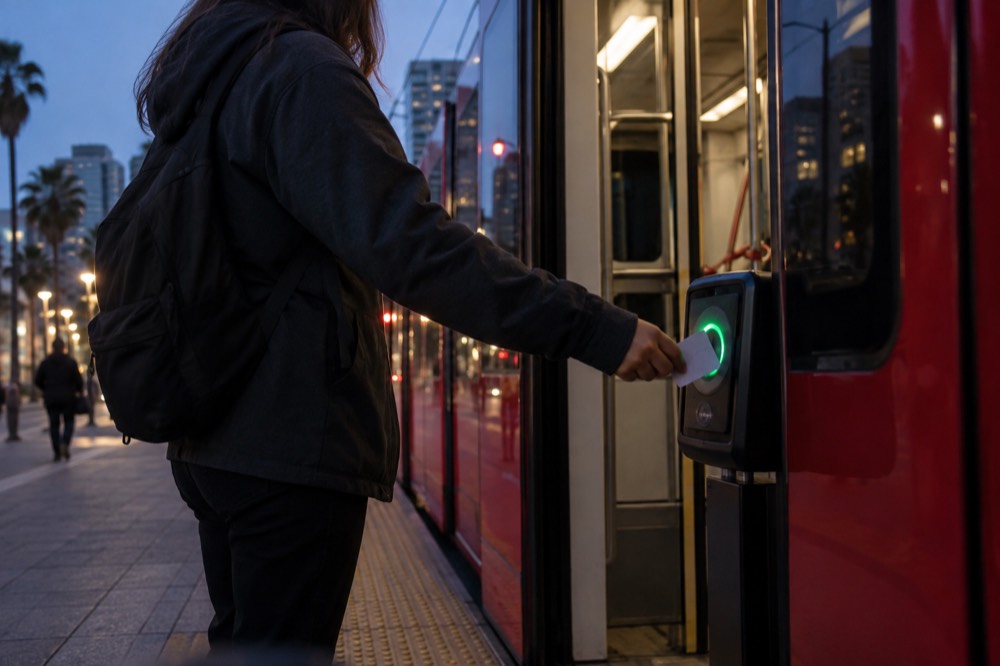 A transit rider tapping a fare card on a validator next to a trolley door