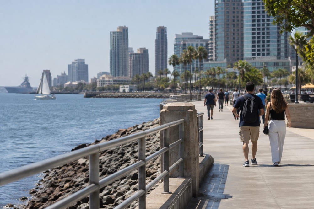 Visitors walking along the Embarcadero waterfront promenade in downtown San Diego