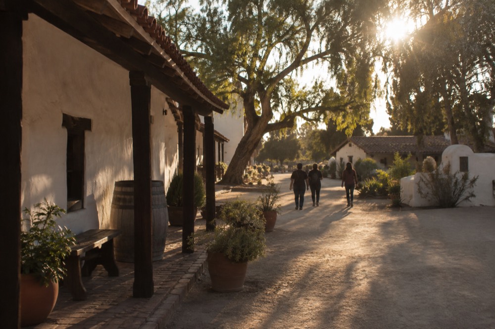 Historic adobe buildings and plaza in Old Town San Diego State Historic Park