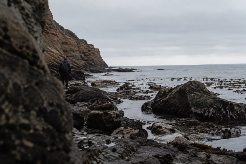 Rocky tide pools at the base of a coastal cliff with kelp visible in calm water