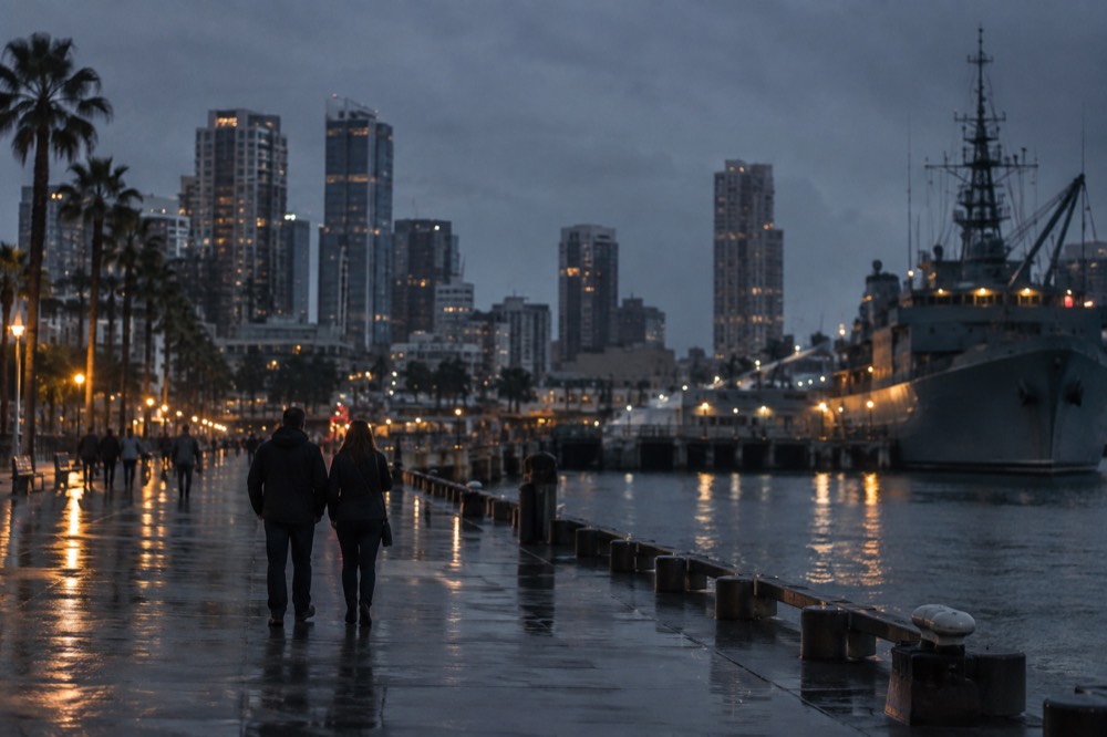 Rainy boardwalk along the San Diego Embarcadero with moored ships and gray sky