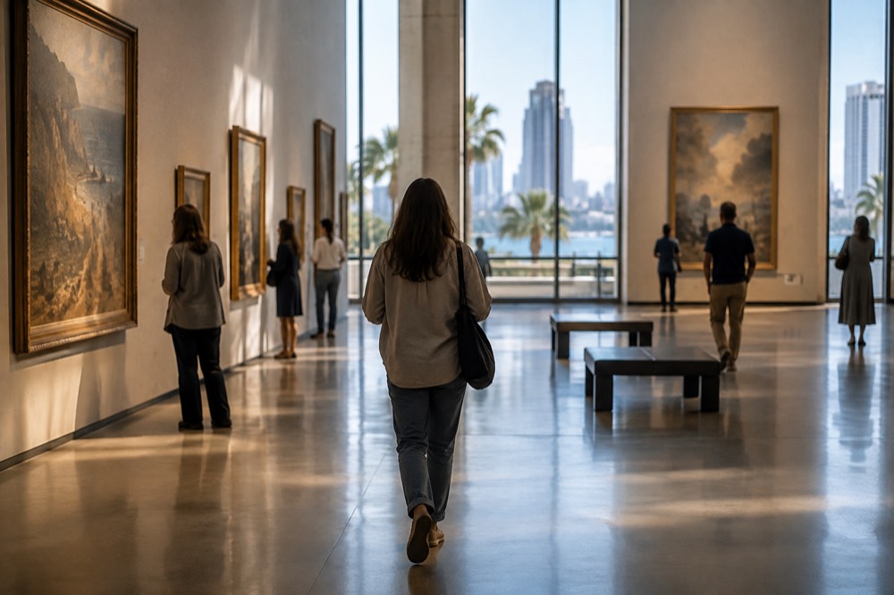 Interior of a museum gallery with tall ceilings and visitors viewing paintings
