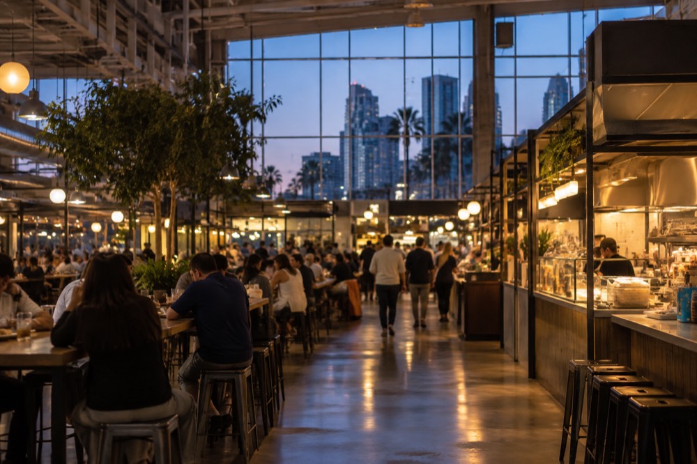 Busy indoor food hall with vendors and diners under warm lighting