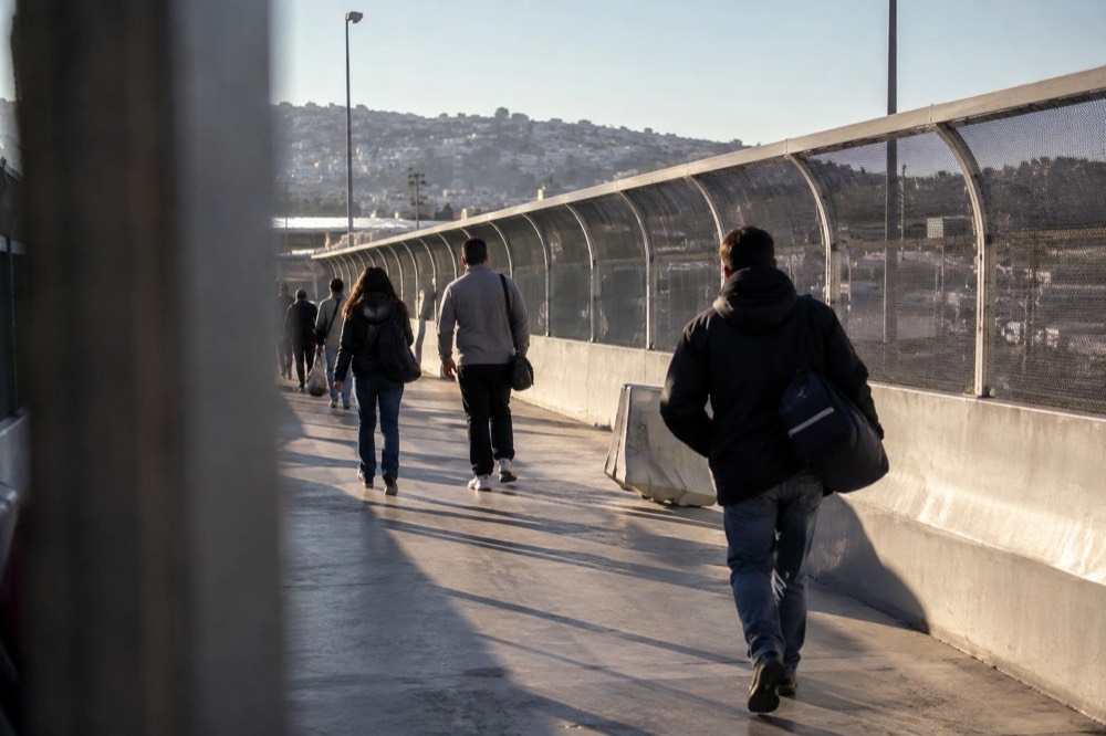 Pedestrian border crossing walkway with signs at the San Ysidro port of entry