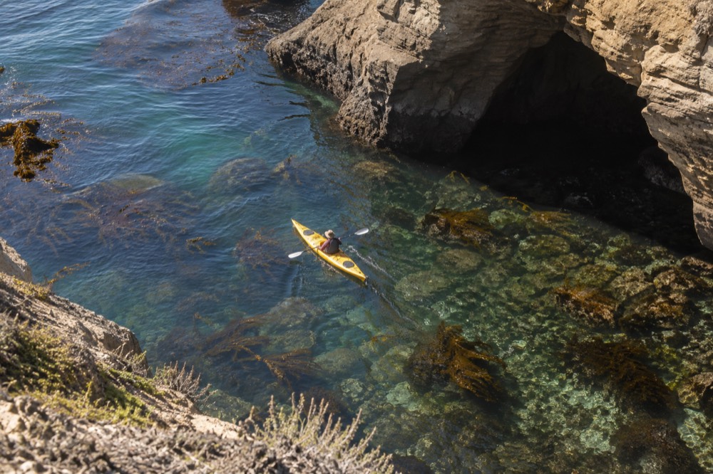 A single kayak gliding over clear shallow water above kelp and rocky reef
