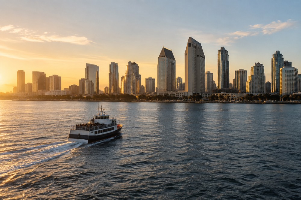 A small passenger ferry crossing a wide blue bay toward a city skyline