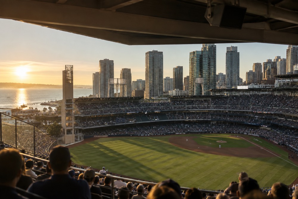 Baseball stadium seating bowl filled with fans in blue and white during an evening game