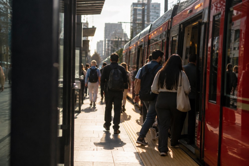 Trolley vehicle at a downtown station platform with passengers boarding in the evening
