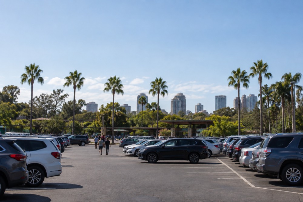 A filled parking lot outside a zoo entrance with a line of palm trees