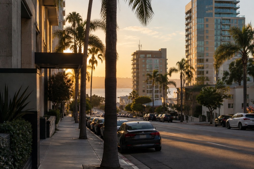 A quiet city street with parked cars and a tall parking sign on a sunny morning