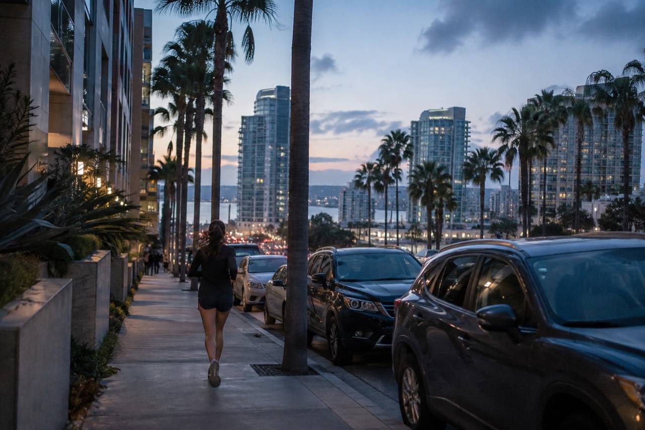 Rows of parked cars along a palm-lined downtown San Diego street with tall buildings behind them