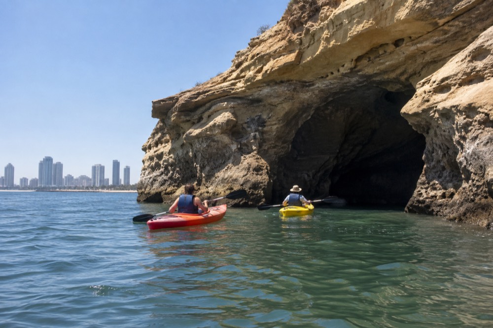 Two kayaks paddling beside a sandstone sea cave entrance on calm green water