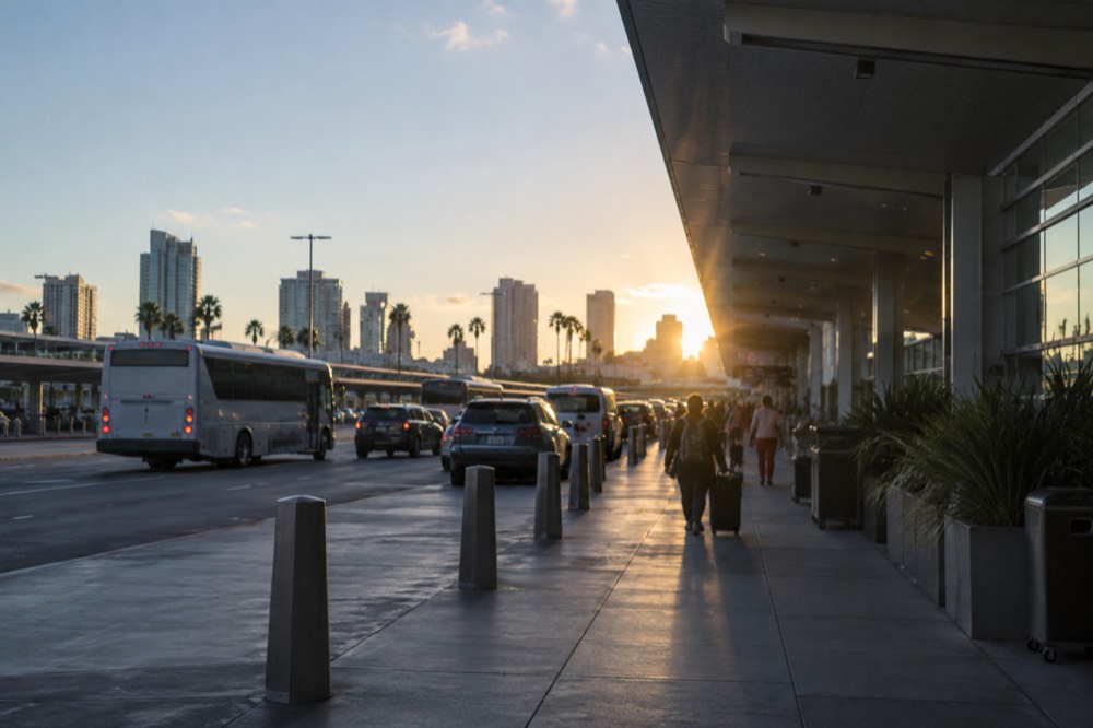 Marked transportation plaza with shuttle buses and waiting cars outside an airport terminal