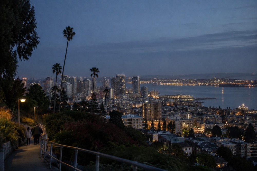 Evening view of San Diego bay waterfront lights from a hillside above the city