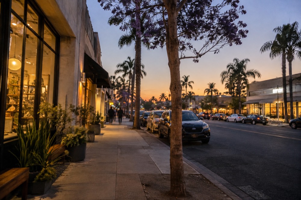 A historic neighborhood street at dusk with lit storefronts and palm trees