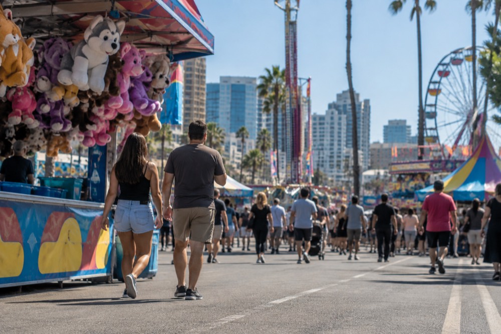 Crowds walking past fairground game booths and a colorful midway