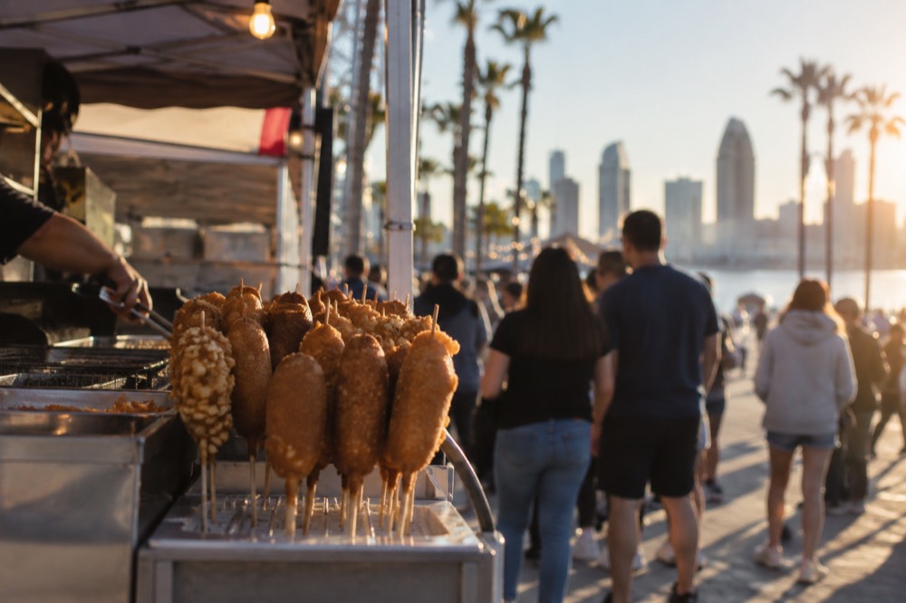 Fair food stall selling deep fried treats on a stick to a queue of visitors