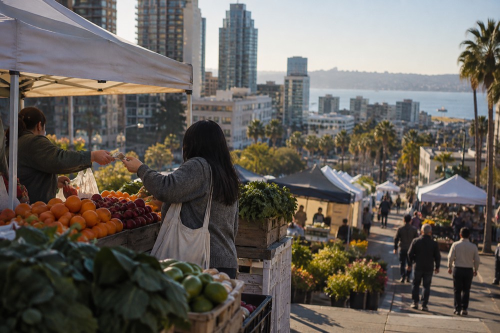 A shopper handing cash to a vendor at a produce stall