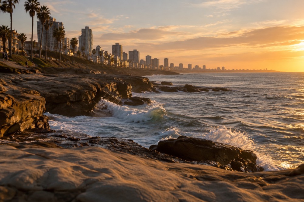 Rocky coastline with waves breaking against cliffs under a golden evening sky