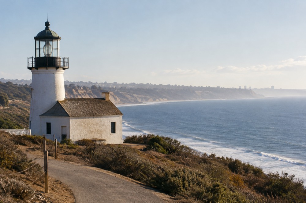 Old lighthouse overlooking the ocean from a high coastal point in late afternoon light