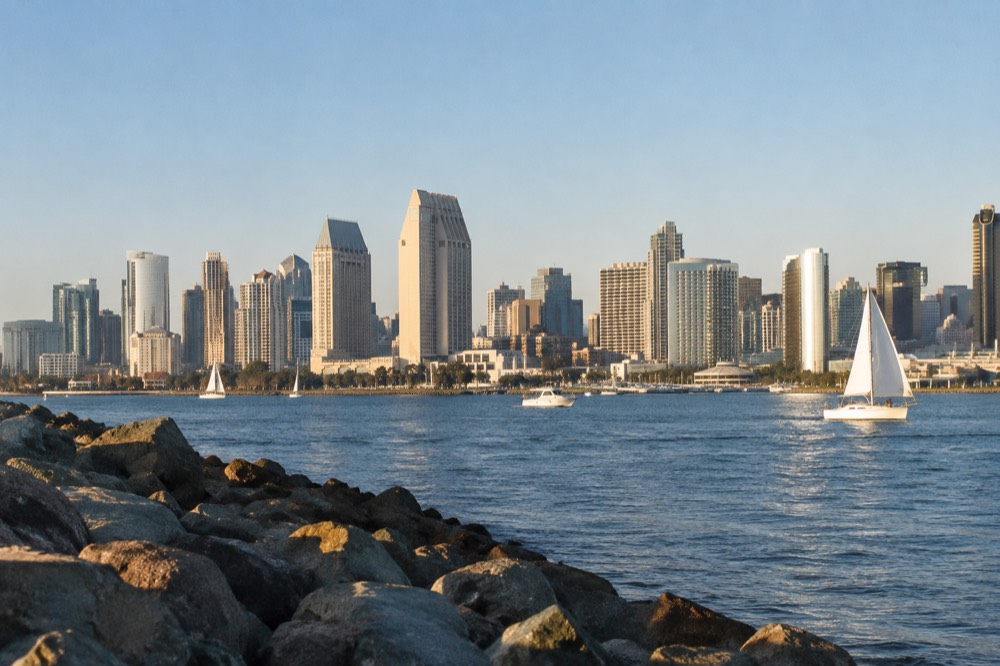 The San Diego skyline and bay on a clear afternoon with boats on the water