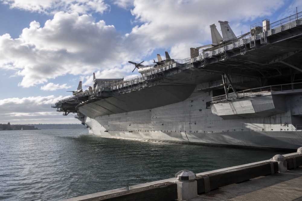 The flight deck of the USS Midway Museum with aircraft and the bay beyond