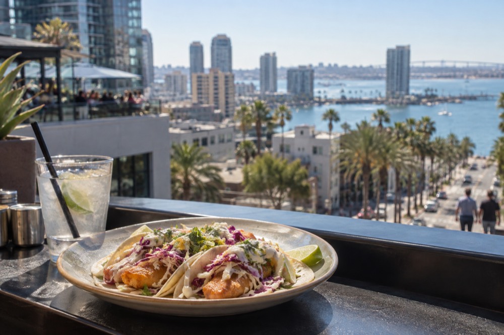 A plate of fish tacos with cabbage and lime on a restaurant counter