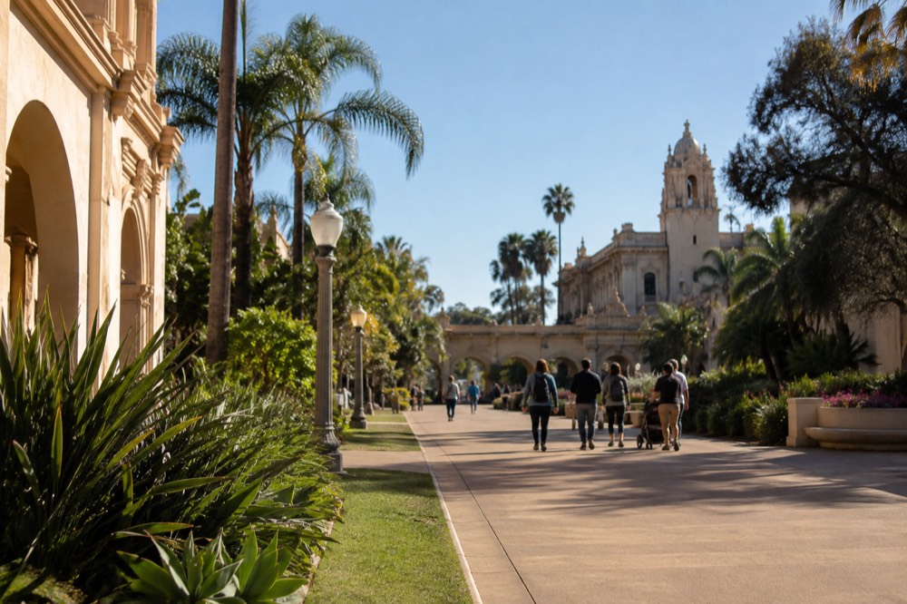 Wide park promenade with ornate Spanish-style buildings, gardens and strollers