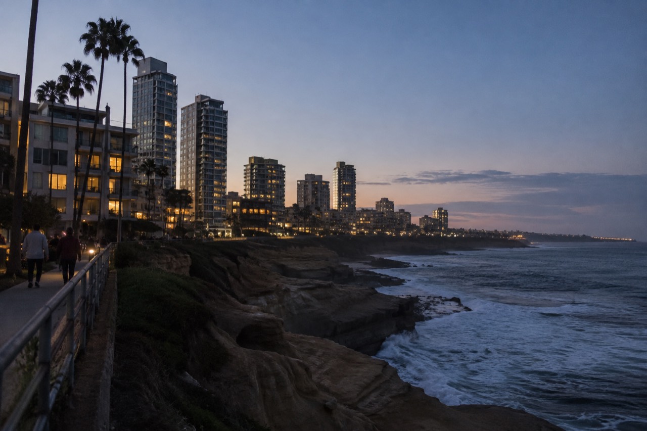 Coastline with waves breaking near sandstone cliffs under a clear sky