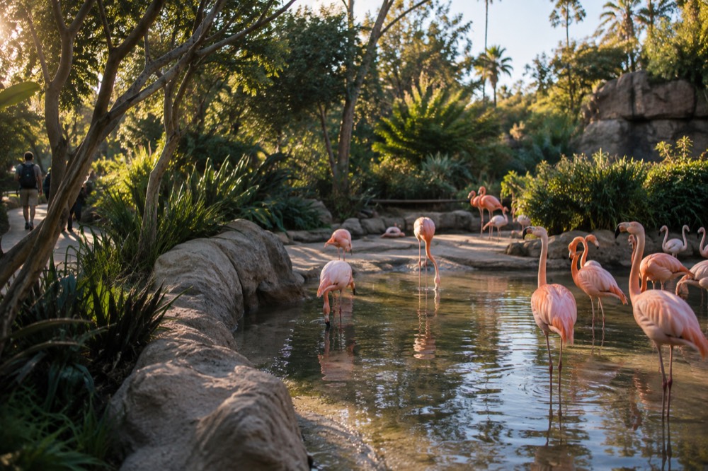 Flamingos standing in a shallow lagoon at the San Diego Zoo
