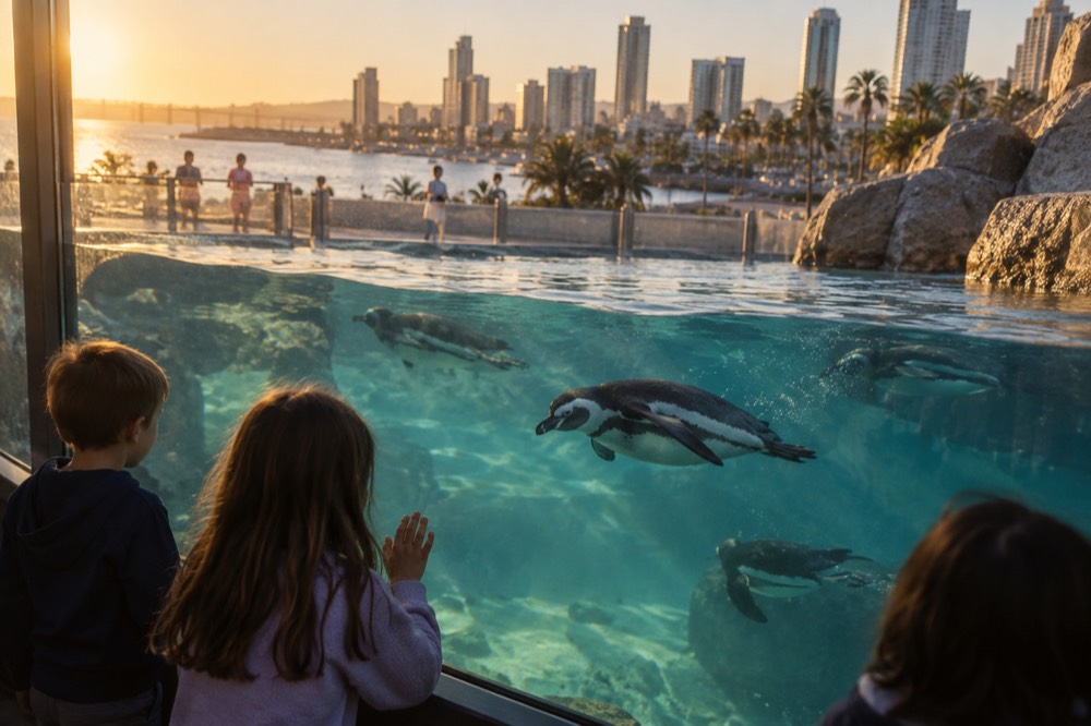 Children watching penguins swim behind a large glass wall