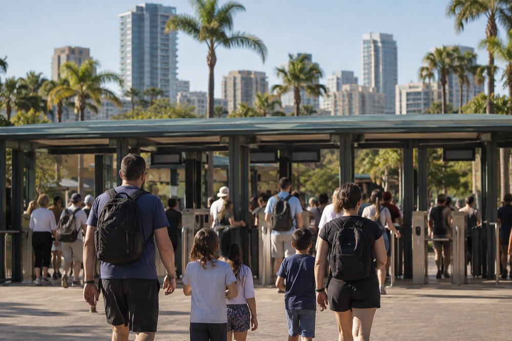 Families entering a theme park turnstile in late afternoon light