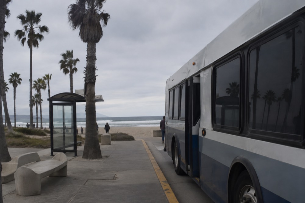 City bus parked at a beachside stop with palm trees and sand beyond