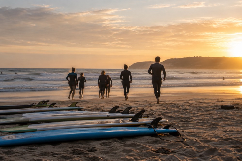 Surfboards lined up in the sand next to a lesson group facing the ocean