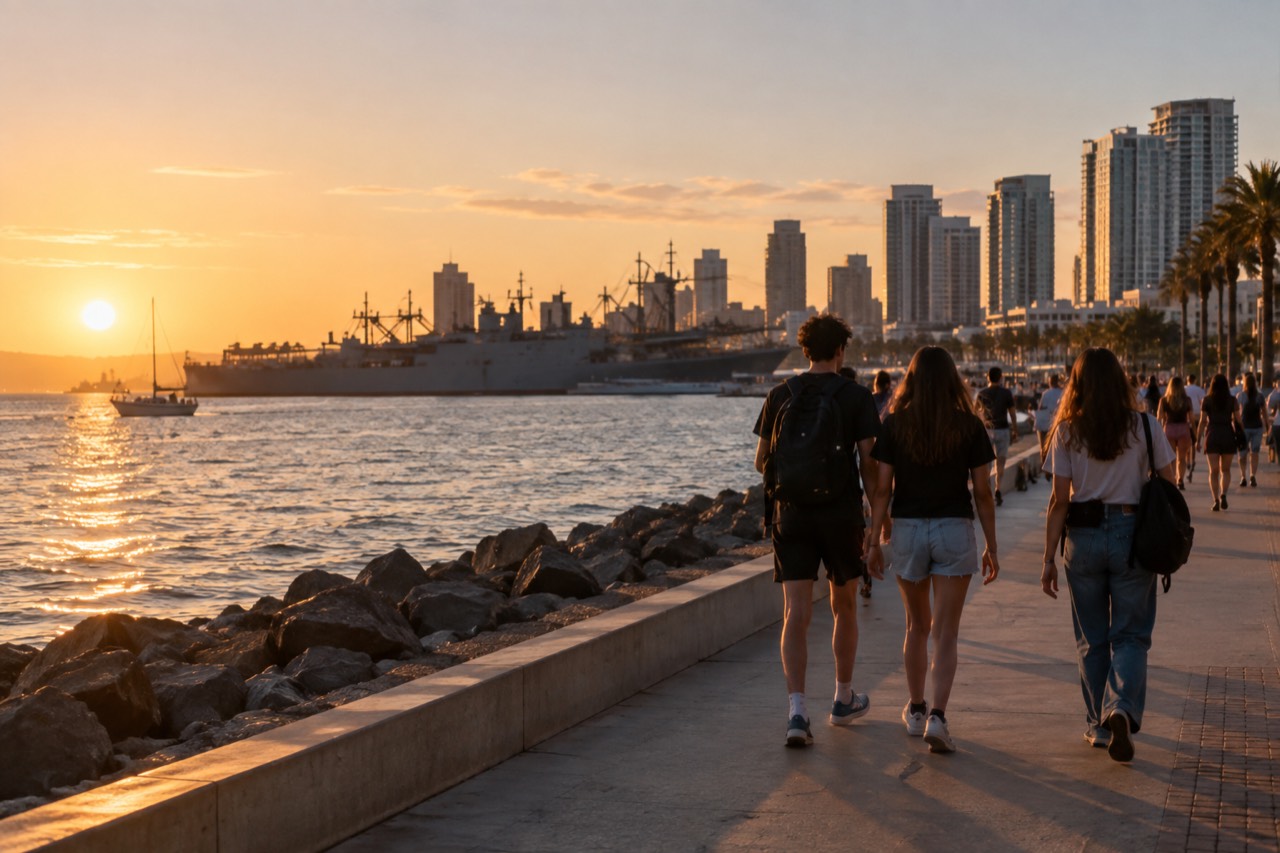 Teenagers walking along a San Diego harbor waterfront with ships and a bay view