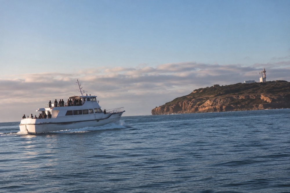 A whale watching boat cruising past Point Loma on calm water