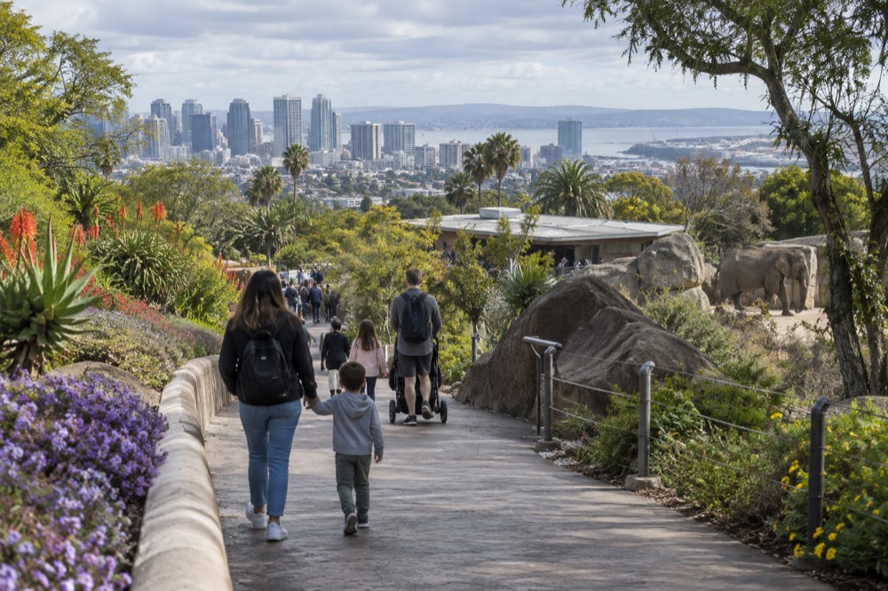 Families walking a zoo path lined with spring flowers