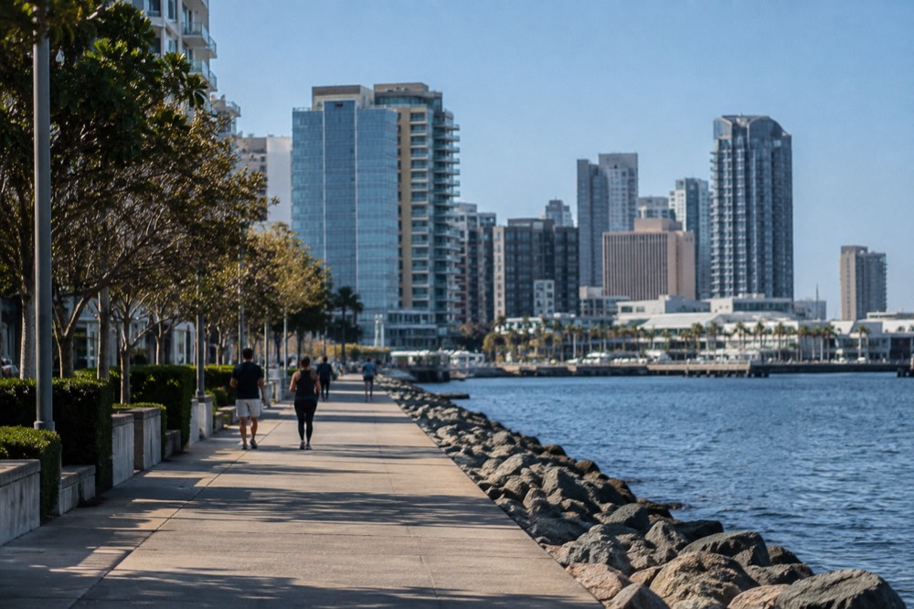 A quiet spring weekday street near the San Diego Embarcadero