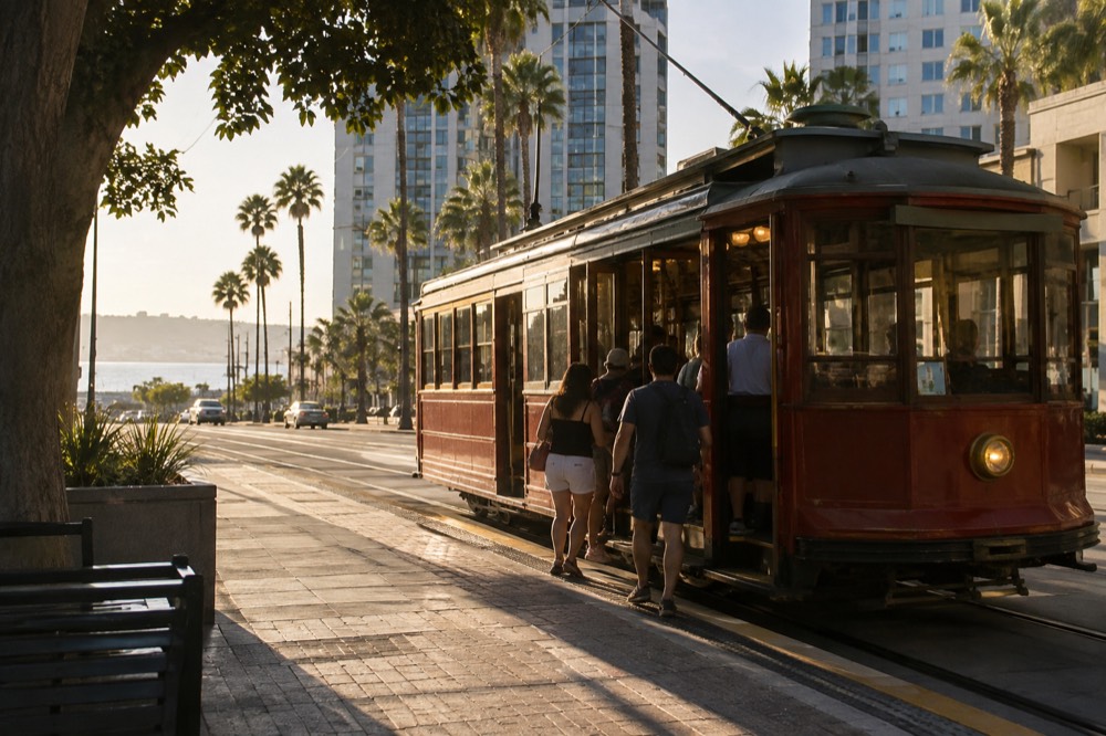 Historic trolley stopped on a San Diego street with palm trees and summer visitors boarding