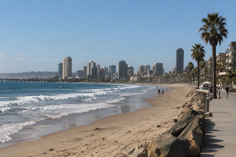 Wide sandy beach with gentle waves and a boardwalk under a clear morning sky